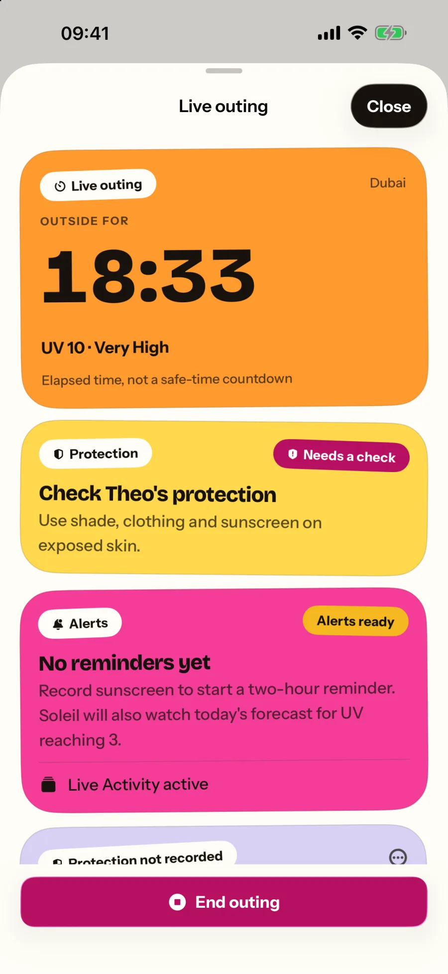 Soleil’s live outing: elapsed time, not a safe-time countdown, beside a protection check and sunscreen alerts