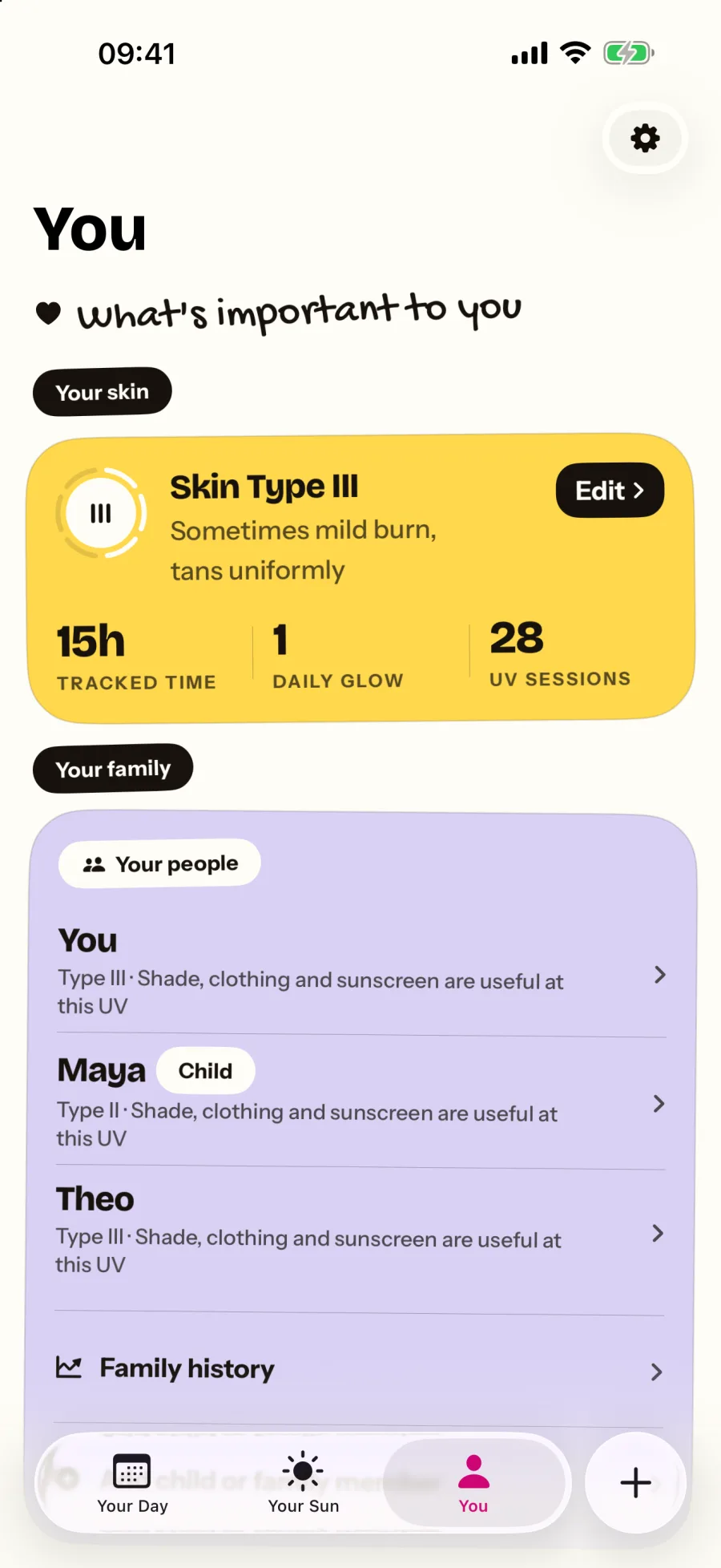 Soleil’s You tab: Skin Type III, then each person in the family with their own protection guidance