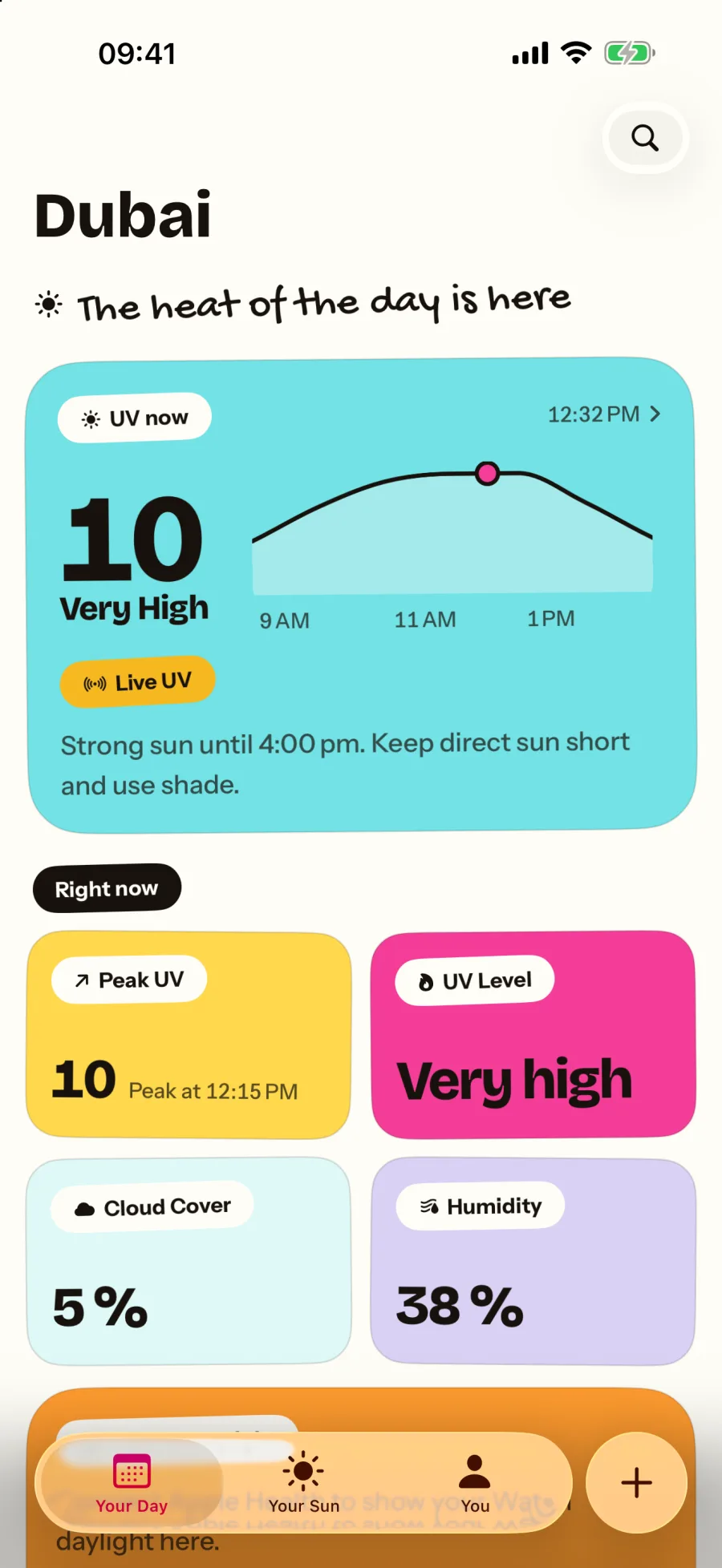 Soleil’s Your Day screen: UV 10, Very High, with cloud cover at 5% and humidity beside it
