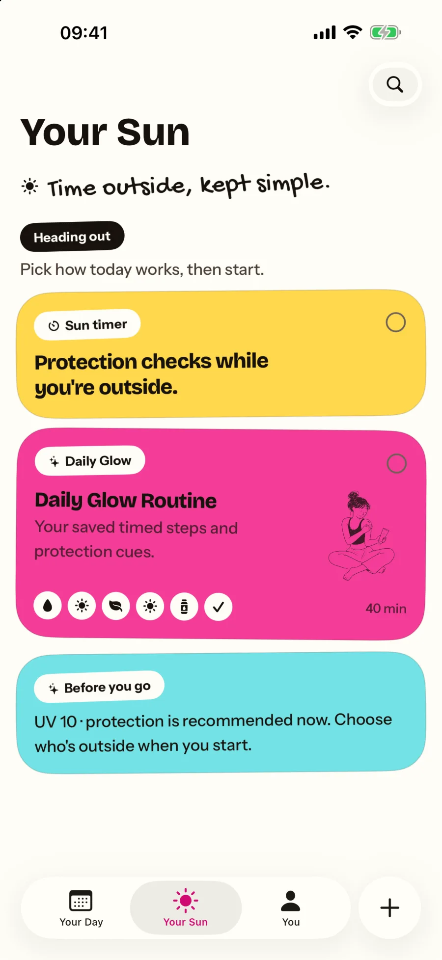 The Soleil Your Sun tab: time outside, kept simple, with the Sun timer and Daily Glow