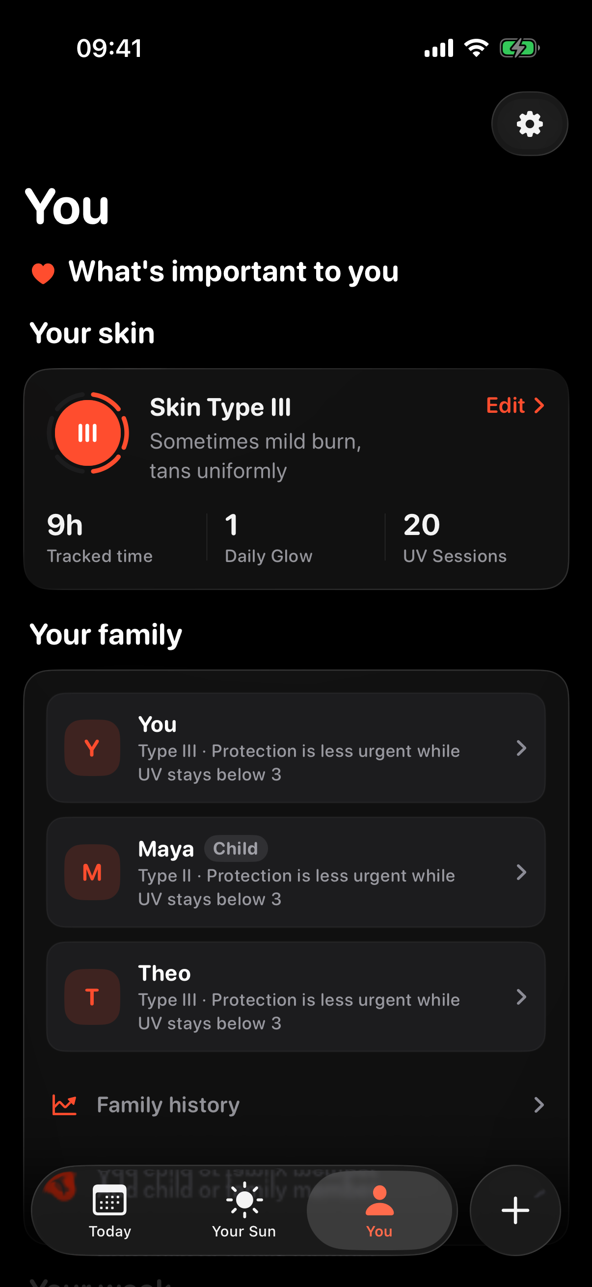 Soleil You tab showing family profiles with per-person protection guidance
