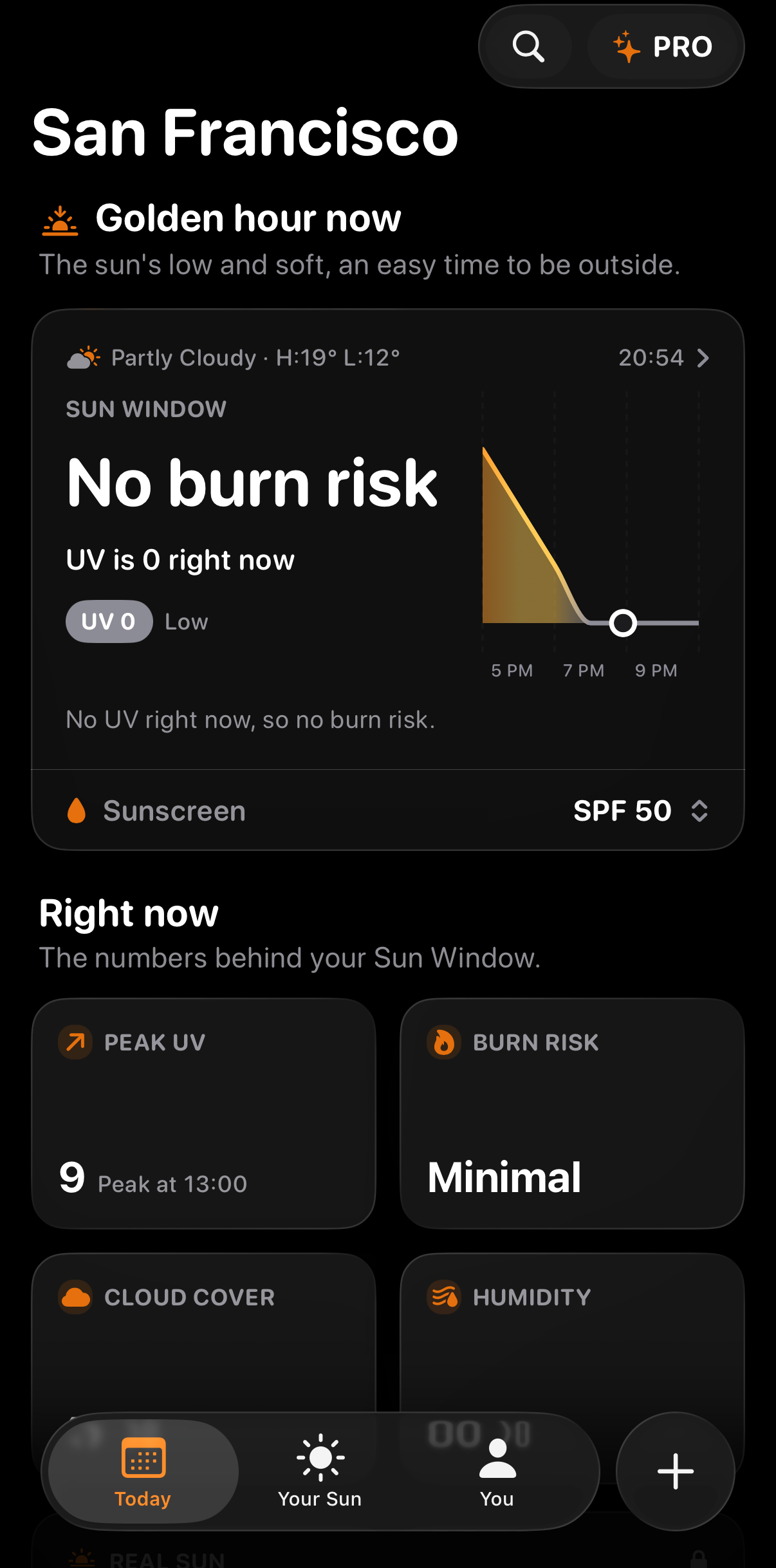 Soleil home screen with SPF 50 recorded alongside live UV and burn risk