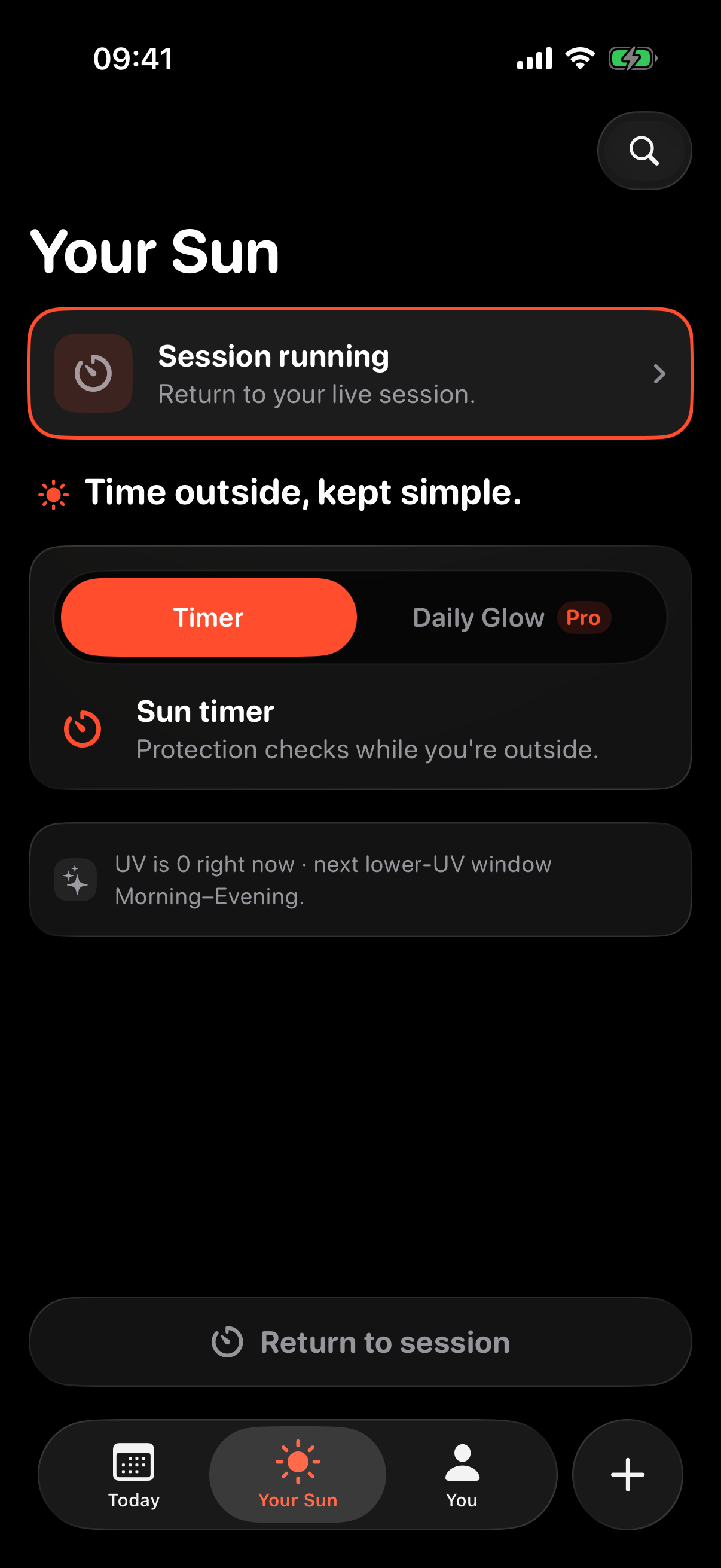 Soleil Your Sun tab with sun timer and Daily Glow guided session options
